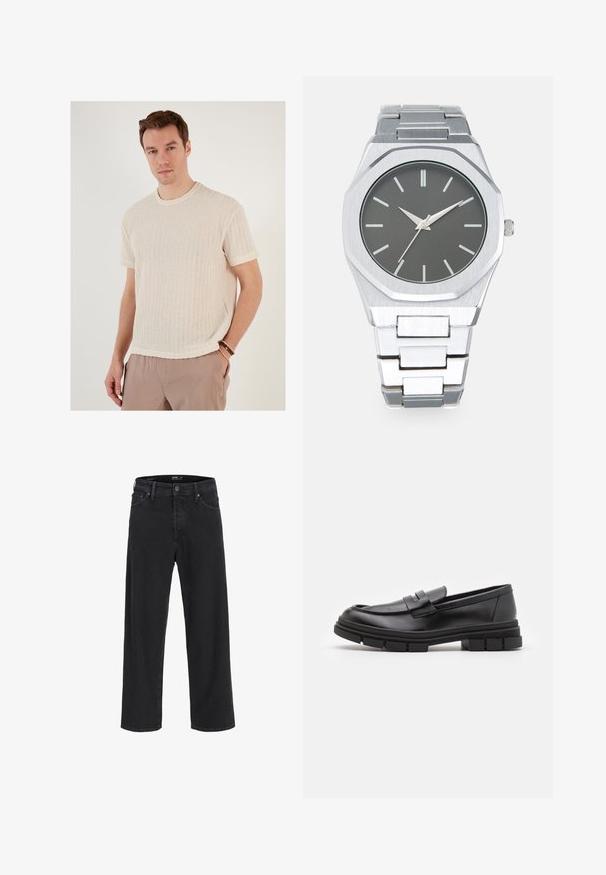 Svjetlosmeđi kratkoslijevi rebrasti pleteni majica s okruglim izrezom i teksturiranim materijalom. Uparena s bež šortsevima i narukvicama od perlica.; Črne kavbojke ravnega kroja z gumbom in zadrgo, z zankami za pas ter sprednjimi in zadnjimi žepi.; Črne usnjene loafersice z gladkim zaključkom, ki imajo sprednji trak in debel gumijast podplat z utori.; Srebrna analogna ura z osmokotno ohišje, siva številčnica, srebrni kazalci ter pas iz nerjavečega jekla. Minimalističen dizajn s hladno teksturo.