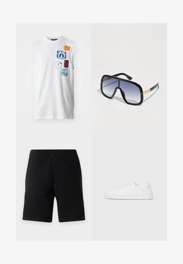 Weißes ärmelloses Baumwoll-T-Shirt mit bunten Grafiken und Aufnähern, darunter Palme, Blumen und abstrakte Designs in Blau, Grün und Rot.; Schwarze Sportshorts aus weichem Material; mit elastischem Bund, zwei Seitentaschen und kontrastierenden Nähten.; Weißer Sneaker mit einem Obermaterial aus glattem Leder, abgerundetem Zehenbereich, Schnürsenkeln, strukturierten seitlichen Akzenten und einer dicken Gummisohle. Minimalistisches Design.; Übergroße schwarze Sonnenbrille mit einem lila Farbverlauf-Glas, glanzvoller Oberfläche und goldenen Akzenten an den Bügeln. Rechteckige Rahmenform.