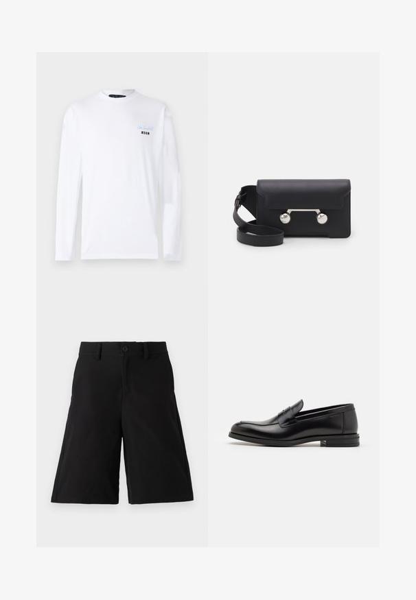 Witte longsleeve T-shirt van katoen. Behalve kleine blauwe en zwarte tekst op de linkerborst, heeft het een ronde halslijn en een reguliere pasvorm.; Zwarte shorts van een katoenmix, met een rechte pasvorm, knoopsluiting aan de voorkant, zijzakken en een gladde textuur.; Zwarte leren instappers met een gladde textuur, ronde neus en een decoratieve band over de wreef. Lage, gestapelde hak en minimalistisch ontwerp.; Zwarte leren schoudertas met een klep, zilverkleurige hardware en twee ronde accenten. Voorzien van een afneembare schouderriem. Soepele textuur.