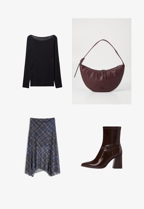 Black long-sleeve shirt with a wide neckline, made of soft fabric, featuring a fitted design and minimal stitching details.; Black plaid skirt featuring blue and brown lines, flowing design, mid-length, made from lightweight fabric with a smooth texture.; Brown patent leather ankle boot with a pointed toe, elasticized ankle, and a chunky block heel. Sleek design with smooth texture.; Maroon leather handbag with a curved design, featuring a zip closure, two zipper pulls, and a short shoulder strap. Detailing includes embossed logo.
