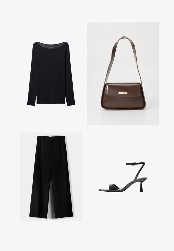 Schwarz langärmliges Shirt mit weitem Ausschnitt, aus weichem Stoff gefertigt, mit einer taillierten Passform und minimalen Nähten.; Schwarze weite Hosen aus leichtem Stoff, mit einem Knopfverschluss vorne und flachem Bund, mit sorgfältig genähten Säumen.; Bershka High Heel Sandalette - black; Braune Lederschultertasche mit strukturierter Form, ausgestattet mit einem magnetischen Klappenverschluss und einem metallischen Logoakzent auf der Vorderseite.