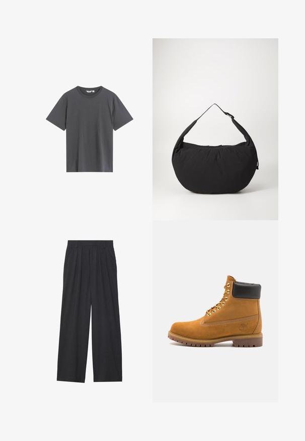 Grå t-shirt tillverkad av mjuk bomull, med en klassisk rund hals, korta ärmar och en avslappnad passform utan synliga mönster eller detaljer.; Vidbyxorna är tillverkade av mörkgrått tyg. De har veck i midjan, en skräddarsydd design och en rak silhuett.; Tan mockasins ankelstövlar med svart vadderad krage, guldmetallöglor, vit sömdekor och slitstöt gummisula med utmärkta mönster.; Svart tygaxelväska med en böjd form, som har en enkel rem och ett dragkedjestängning. Mjukt material, minimalistisk design.