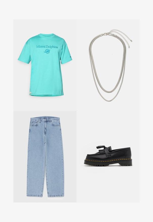 Turkoosi puuvillapaita, jossa on sinisellä brodeerattu "Miami Dolphins" -teksti ja logo. Sisältää lyhyet hihat ja ribbireunan.; Vaaleansiniset farkut suoran lahkeen muotoilulla, joissa on puolivälin vyötärö, viisi taskua sekä nappi- ja vetoketjusuljenta.; Musta nahkakengät, joissa on tupsuakkentti, paksu musta pohja ja keltainen ommel reunassa. Rakeinen pinta.; Kolmikerroksinen hopeametallinen kaulakoru, jossa on tyylikkäitä, joustavia ketjuja, joissa on hieno kiilto. Kaulakoru on kiinnitetty hummerilukolla ja siinä on säädettävä ketju.