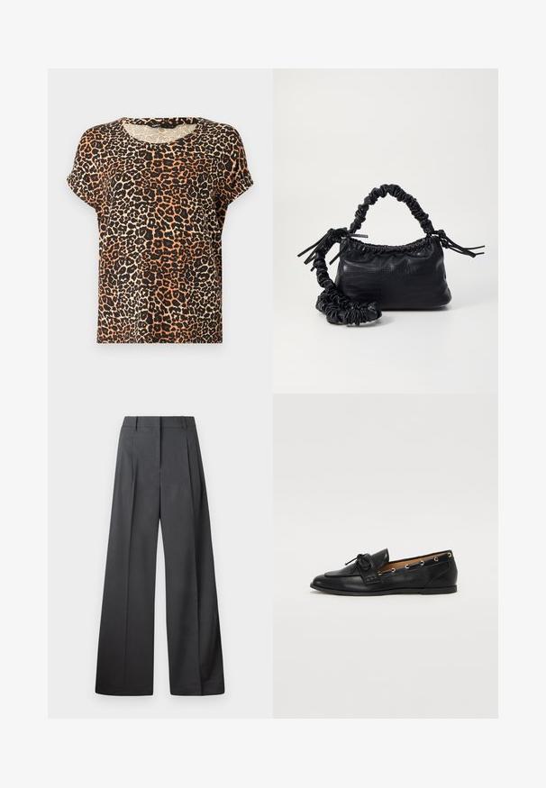 Leopard print short-sleeve t-shirt in shades of orange, black, and cream. Round neckline and soft fabric texture.; Wide-leg trousers in dark gray fabric, featuring a high waist, single pleats, and a smooth texture with a clean finish at the hems.; Black leather loafers with a tied bow, featuring gold eyelet accents along the sides and a flat rubber sole. Smooth texture, classic design.; Black faux leather handbag with a crocodile texture, cinched top, and a scrunched strap. Appears soft and compact in design.