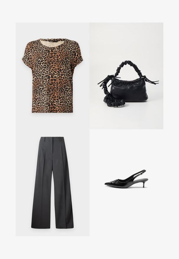 Pledų rašo trumpas rankovėmis marškinėliai oranžinės, juodos ir grietinėlės spalvų atspalvių. Apvalus kaklo iškirpimas ir švelnios medžiagos tekstūra.; Tamsiai pilkos plačios kojos kelnės, turinčios aukštą liemenį, vieną raukšlę ir sklandžią tekstūrą su tvarkingais kraštais.; Juodos odinės slingback aukštakulniai su smailiu nosiu, mažais katės kulnais ir dekoratyvine mazgo detale priekyje. Visas paviršius lygus.; Juodas dirbtinės odos rankinė su krokodilo tekstūra, sušnibždinta viršuje ir susikraipytu dirželiu. Atrodo minkšta ir kompaktiška.