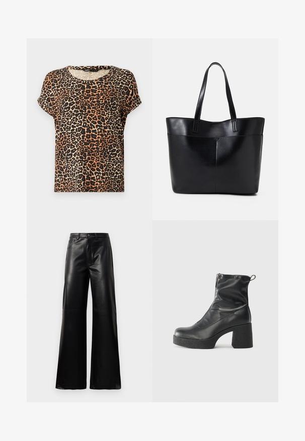 Leopardmuster T-Shirt mit kurzen Ärmeln in Orange-, Schwarz- und Cremetönen. Rundhalsausschnitt und weiche Stofftextur.; Schwarze leichte, weit geschnittene, hochtaillierte Kunstlederhose mit vorderem Knopf, Reißverschluss, Gürtelschlaufen und Seitentaschen auf weißem Hintergrund.; Schwarze Stiefeletten aus glattem Leder mit seitlichem Reißverschluss, klobigem strukturiertem Absatz und runder Zehenform.; Schwarze Leder-Shopper-Tasche mit zwei langen Griffen, einer glatten Textur und einer strukturierten Form. Verfügt über eine Vordertasche für zusätzlichen Stauraum.