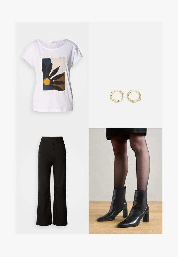 Bílý tričko s geometrickým vzorem, na němž jsou černé listy, žlutý kruh a modré a hnědé tvary na přední straně. Kulatý výstřih, krátké rukávy.; Černé kalhoty se širokými nohavicemi, hladkou texturou, vysokým pasem a čistým designem. Bez viditelných kapes nebo ozdob.; Černé kožené kotníkové boty s špičatou špičkou, robustním čtvercovým podpatkem a elegantním designem. Obsahují elastické boční panely pro snadné obouvání.; Zlaté kruhové náušnice s texturovaným, nepravidelným tvarem. Disponují bezproblémovým uzávěrem a leštěným povrchem, což zdůrazňuje moderní design.