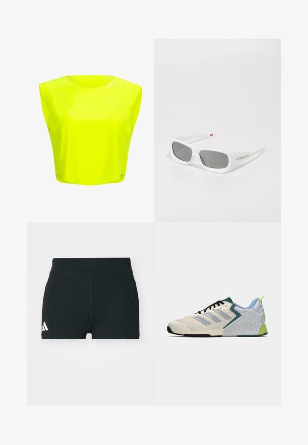 Neonkeltaista lyhyttä toppia pyöreällä kaula-aukolla ja lyhyillä hihoilla. Valmistettu sileästä, kevyestä materiaalista, joka on löysästi istuva.; Mustat urheilushortsit, jotka on valmistettu joustavasta kankaasta. Niissä on korkea vyötärö, tiivis muoto ja valkoinen Adidas-logo vasemmalla puolella.; Kevyet urheilukengät, joissa on kermaisen värinen verkkopinta, harmaat raidat, vihreä yksityiskohta ja texturoitu sininen kantapää. Mustat nauhat.; Valkoiset suorakulmaiset Oakley-aurinkolasit tummilla linsseillä, lepäämässä valkoisella pinnalla, logo näkyvillä sivussa.