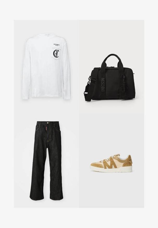Balta medvilninė ilgomis rankovėmis marška su apvaliu kaklu ir kišene su juodu grafikiniu logotipu kairėje pusėje.; Juodos tiesios kojos džinsai su geltonu siūleliu, penkių kišenių dizainas, mygtuko užsegimas ir mažas raudonas ženkliukas priekinėje dešinėje kišenėje.; Bežiniai ir rudi sportbačiai, pagaminti iš mišinio, sudaryto iš zomšos ir tinklelio, su išskirtiniu 'M' išpjovos dizainu, baltais raišteliais ir tekstūruota gumausiai.; Juodas tekstilinis krepšys su dviem rankenomis ir nuimamą petnešą. Yra iškeltas logo ir odinis etiketas. Lygus paviršius, stačiakampio formos.