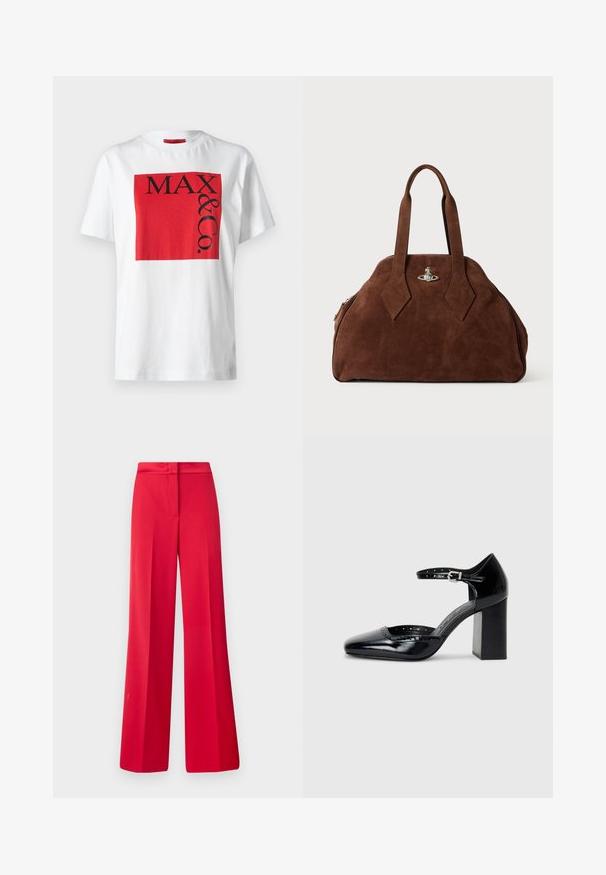 Bílá bavlněná tričko s výrazným červeným obdélníkovým grafickým prvkem a černým textem "MAX & Co." v různých velikostech, uvolněný střih, krátké rukávy.; Červené kalhoty s širokými nohavicemi a hladkou texturou, s plochým pasem a strukturovaným designem, obsahující sklady vpředu a přizpůsobený střih.; Černé lakované kožené vysoké podpatky se čtveratou špičkou, řemínkem kolem kotníku a masivním podpatkem. Obsahuje perforované detaily na okraji.; Hnědá semišová kabelka se strukturovaným tvarem, zaobleným tělem a prodlouženými úchyty ve tvaru diamantu. Obsahuje stříbrné kování na zavírání.