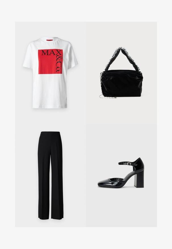 Weißes Baumwoll-T-Shirt mit einem markanten roten rechteckigen Grafikdesign und schwarzem Text "MAX & Co." in variierenden Größen, lockere Passform, kurze Ärmel.; Schwarze weite Hosen mit einer glatten Textur, ausgestattet mit einem hohen Bund und mittleren Falten. Keine sichtbaren Muster oder Hardware-Details.; Schwarze patentierte Leder-High Heels mit quadratischer Zehenform, Knöchelriemchen und dicker Absatz. Enthält durchbrochene Details entlang des Randes.; Schwarze Handtasche aus Kunstleder mit strukturiertem Finish, ausgestattet mit einem mit Perlen verzierten silbernen Akzent am oberen Griff und einem Kettenriemen.