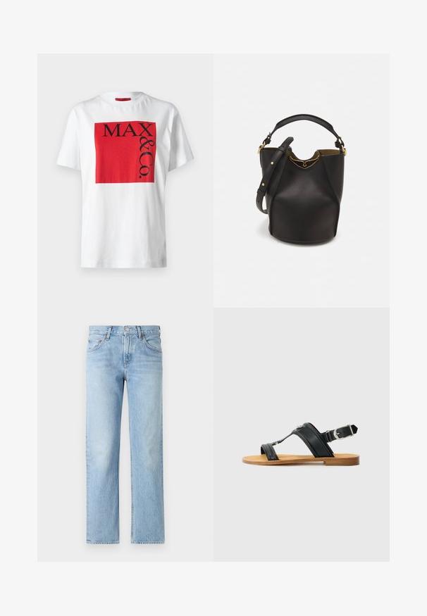 White cotton t-shirt featuring a bold red rectangular graphic with black text "MAX & Co." in varying sizes, relaxed fit, short sleeves.; Light blue denim jeans with a straight fit, five-pockets, button and zipper closure, and a slightly faded finish.; Black leather sandal with adjustable buckle, flat tan sole, and two wide straps crossing over the foot, minimalistic design.; Black leather bucket bag with a textured finish, gold hardware accents, and an open top. Features a short handle and adjustable shoulder strap.