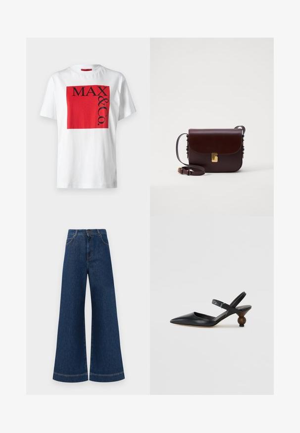Bílá bavlněná tričko s výrazným červeným obdélníkovým grafickým prvkem a černým textem "MAX & Co." v různých velikostech, uvolněný střih, krátké rukávy.; Široké modré džíny s vysokým pasem, se zapínáním na knoflík, poutky na opasek a jemnými stehy podél kapes a lemů.; Černé kožené sandály s úzkým páskem kolem kotníku, špičatou špičkou, zakřiveným designem a kulatým podpatkem připomínajícím dřevo.; Hnědá kožená taška s klopou, zlatými akcenty a nastavitelým popruhem. Disponuje hladkým povrchem a elegantním obdélníkovým tvarem.
