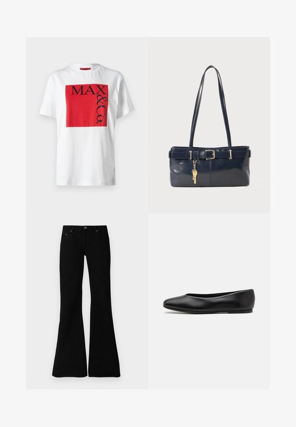 Biała bawełniana koszulka z krótkim rękawem, charakteryzująca się wyrazistą czerwoną prostokątną grafiką z czarnym napisem "MAX & Co." w różnych rozmiarach, o luźnym kroju.; Czarne dzwonowe dżinsy wykonane z denimu, z klasycznym pięcio-kieszeniowym fasonem, zapięciem na guzik oraz subtelnymi detalami wzdłuż szwów.; Paul Smith TOPANGA czarny; Granatowa skórzana torebka z dwoma długimi uchwytami, detalem w postaci klamry oraz dołączonym breloczkiem. Charakteryzuje się gładką teksturą i prostokątnym kształtem.