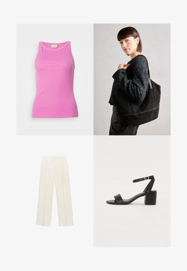 Gestuz DREW - Top - super pink; Pantaloni a gamba larga di un leggero colore crema. Realizzati in un tessuto morbido con pieghe sul davanti e tasche laterali.; Sandalo nero con tacco alto, caratterizzato da una tomaia in pelle liscia, punta aperta, ampie fasce frontali e cinturino a caviglia regolabile con un dettaglio in fibbia dorata.; Borsa tote nera in suede con una texture liscia, forma strutturata e cuciture a contrasto. Presenta lunghe tracolle per il trasporto a spalla.