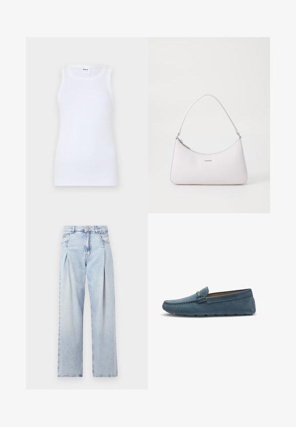 Witte mouwloze tanktop van ribbelkatoen. Heeft een ronde halslijn en een aansluitende pasvorm. Geen zichtbare patronen of accenten.; Lichtblauwe denim jeans met een hoge taille, wijde pijpen, twee zijzakken en geplooid ontwerp. Zachte textuur met een vervaagd uiterlijk.; Blauwe suède loafers met een vlakke zool, voorzien van een gestikt ontwerp langs de randen en een decoratieve metalen accent aan de voorkant.; Roze leren schoudertas met een gebogen ontwerp, ritsafsluiting en zilveren hardwareaccenten. Minimalistisch logo op de voorkant.
