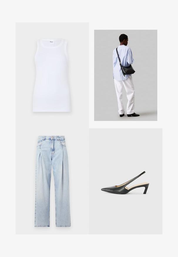Balta bezpiešu bez piedurknēm krekls, izgatavots no ribotas kokvilnas. Iezīmē apaļu dekoltē un pieguļošu siluetu. Nav redzamu rakstu vai akcentu.; Gaiši zilas džinsu bikses ar augstu jostasvietu, plats kāju griezumu, divām sānu kabatām un krokotā dizaina akcentiem. Mīksta tekstūra ar izdilušu apdari.; Melna, ar smailu purngalu, slingback kurpe ar zemu papēdi, izgatavota no gludas ādas materiāla un ar izgriezumiem sānos gaisa caurlaidībai.; Melna ādas plecu soma ar mīkstu tekstūru, trīsstūra formu un regulējamu siksnu, apvienota ar gaiši zilu svītrotu krekli un baltām biksēm.