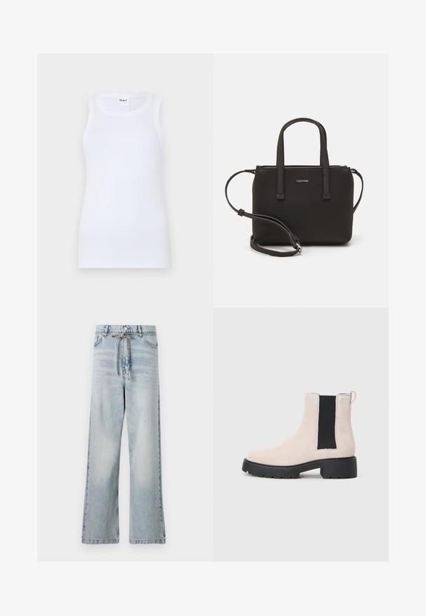 Hvid ærmeløs tanktop lavet af ribbet bomuld. Har en rund halsudskæring og en tætsiddende silhuet. Ingen synlige mønstre eller detaljer.; Lysblå vidbenede jeans lavet af denim, med høj talje, forlommer og en snøre detaljeret i taljen. Distressed tekstur.; Beige ruskind Chelsea-støvle med sort elastisk sidepanel, chunky sort sål og hæftetap ved anklen.; Sort håndtaske med to korte håndtag og en aftagelig skulderrem. Glat læderagtigt materiale med lynlåslukning og logo detaljer.
