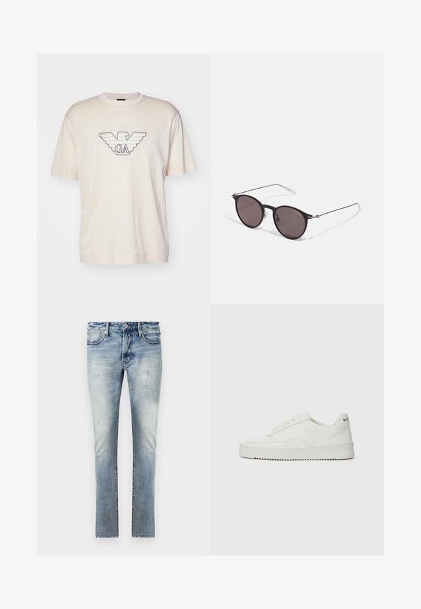 Lys beige t-skjorte laget av bomull, med et stort brodert ørnlogo i grått og svart på brystet. Korte ermer, avslappet passform.; Lys blå denim jeans med en falmet finish, slim fit-design, fem lommer og kontrasterende sømmer.; Hvite lærersneakers med en jevn overflate, rund tå, flate lisser og en teksturert såle. Har en subtil logo på hælen.; Sorte, runde solbriller med mørke linser og slanke metalarmer. Inkluderer klare temple tips og sølvfargede detaljer ved hengslet. Minimalistisk design.