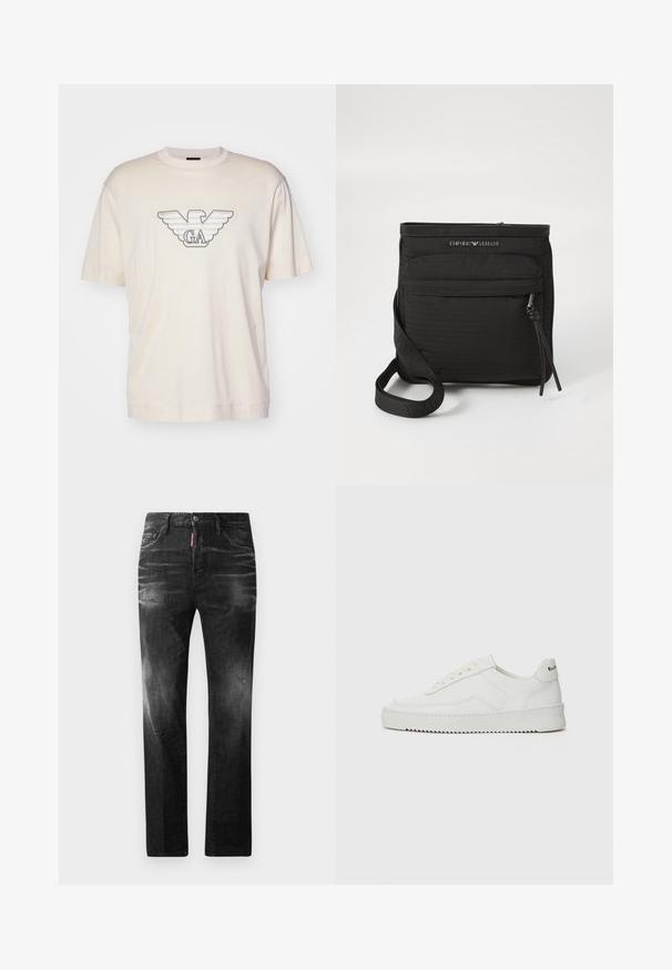 Svetlo bež majica iz bombaža, z velikim izvezenim logotipom orla v sivi in črni barvi na prsih. Kratke rokave, sproščen kroj.; Črne jeans hlače s ravnim krojem. Imajo zbledela mesta, manjše obrabe, klasičen petnajstni žepni dizajn in gumbasto zapiranje.; Bela usnjena športna obutev z gladko površino, okroglo prst, ravne vezalke in teksturiran podplat. Ima diskretno logo na peti.; Črna torba Emporio Armani s prečko čez telo, sprednjim žepom z zadrgo, nastavljivim trakom in detajlom logotipa na strukturirani tkanini.