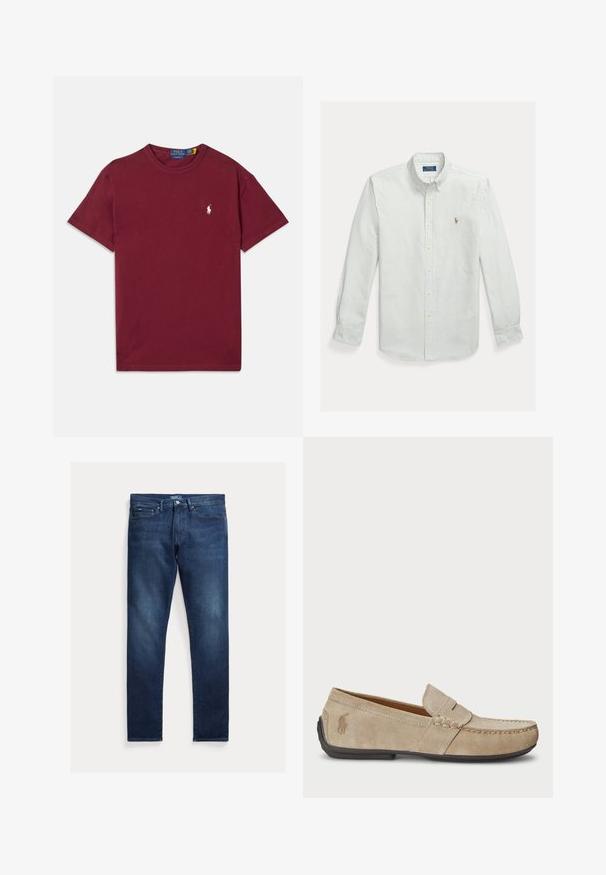 Burgundska bombažna majica s kratkimi rokavi, okroglega izreza, z izvezenim belim logotipom na levem prsnem delu. Gladka tekstura in klasičen kroj.; Pasma srajca s svetlo zelenimi in belimi navpičnimi črtami, dolgi rokavi in majhnim vezenim logotipom na prsih. 100% bombaž.; Temno modre jeans hlače s ravnim krojem, z običajnim pasom, petimi žepi in gladko teksturo. Brez vidnih vzorcev.; Bež nubuk loafers s šivano podrobnostjo, ravnim gumijastim podplatom in majhnim logotipom ob strani. Klasična zasnova za enostavno obuvanje, mehak material.