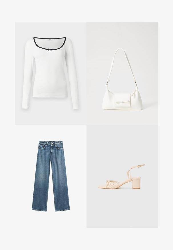 Biała koszula z długim rękawem o kwadratowym dekolcie, z czarnym wykończeniem i małą czarną kokardką na środku. Teksturowana tkanina w prążki.; Jasnoniebieskie dżinsowe spodnie typu wide-leg z wysokim stanem, pięcioma kieszeniami i zapięciem na guzik. Tkanina ma lekko wyblakłą teksturę.; Beżowe sandały na obcasie z paskami, z kwadratowym noskiem, skręconym przodem, paskiem na kostce i słupkiem. Gładka tekstura, minimalistyczny styl.; Biała syntetyczna torba o trójkątnym kształcie, płaskim przednim klapce i detalach w postaci kokardy, regulowanym pasku, gładkiej fakturze oraz minimalistycznym designie.