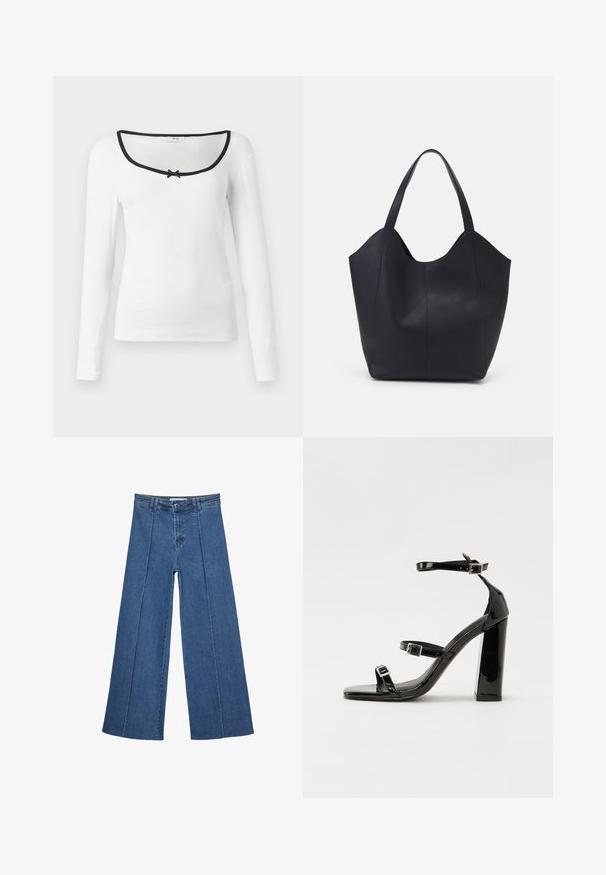 Langärmliges weißes Hemd mit quadratischem Ausschnitt, schwarzem Besatz und einem kleinen schwarzen Schleifendetail in der Mitte. Strukturierter, gerippter Stoff.; Weite Jeans aus Denim in Mittelblau, mit hoher Taille, Knopfverschluss und kontrastierenden vertikalen Nahtdetails an der Vorderseite.; Schwarze patentierte Sandalen mit Absatz, quadratischer Spitze, Knöchelriemen und silbernen Schnallen. Mit einem stabilen Blockabsatz für mehr Stabilität.; Schwarze Tote-Bag aus glattem Leder, mit einem abgerundeten, offenen Oberteil, zwei Schulterträgern und einem minimalistischen Design.