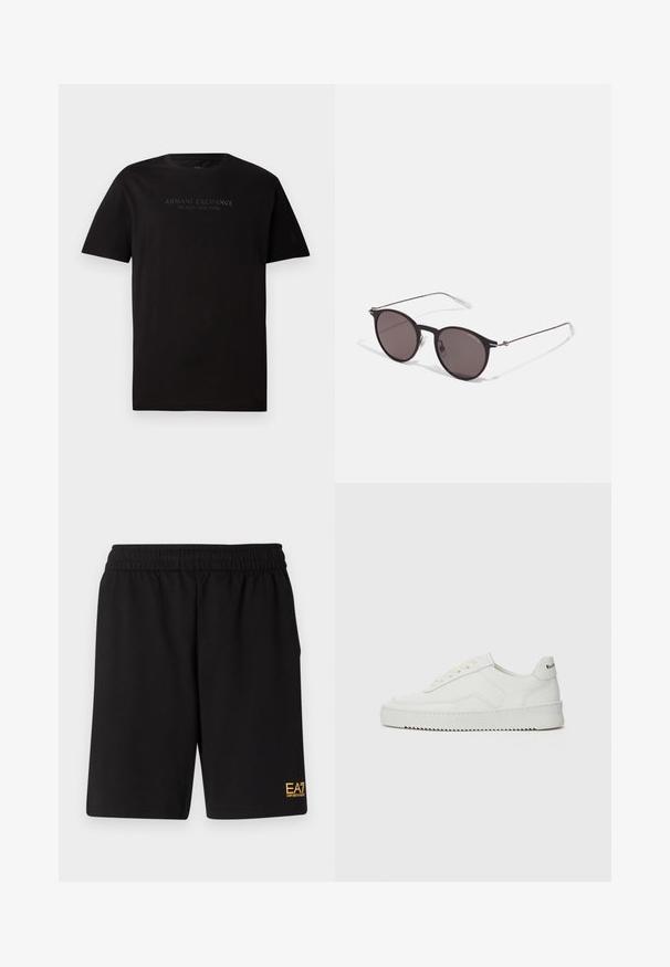 Juodas medvilninis marškinėliai su apvalia iškirpte ir trumpomis rankovėmis. Priekyje yra iškilus tekstas "ARMANI EXCHANGE MILANO / NEW YORK".; Juoda sportinė šortai, pagaminti iš minkštos medžiagos, su elastingu diržu ir maža geltona EA7 logo apatinėje kairėje kojoje.; Balti odiniai sportiniai bateliai su lygia apdaila, apvaliu pirštu, plokščiais raišteliais ir tekstūruotu padu. Pasižymi subtiliu logotipu ant kulno.; Juodos apvalios saulės akinių su tamsiais lęšiais ir plonomis metalinėmis šakomis. Įtraukti skaidrūs šventyklų galai ir sidabriniai akcentai vyrio srityje. Minimalistinis dizainas.