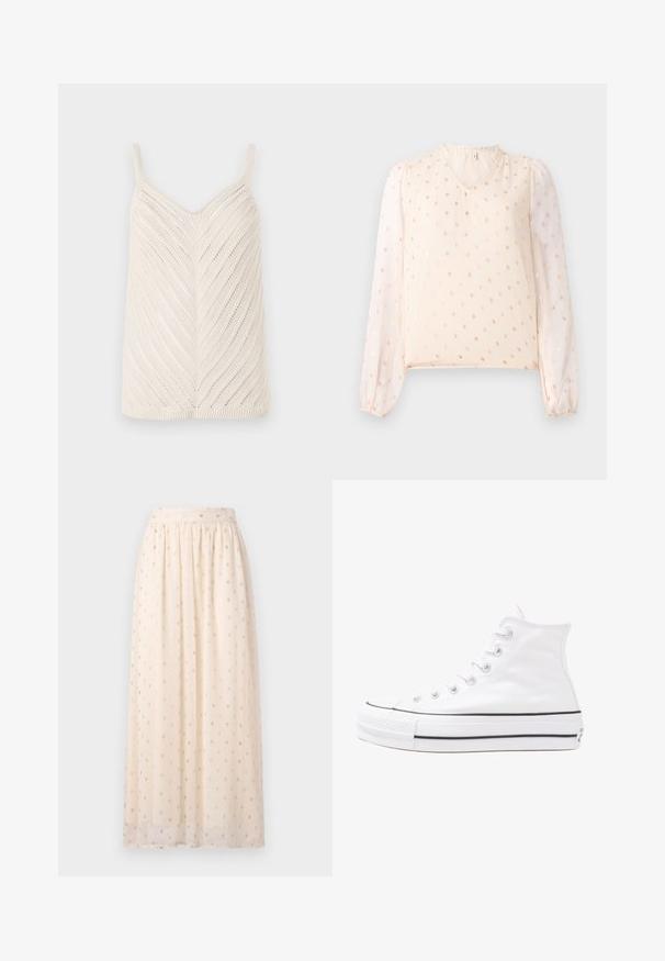Pletený top bez rukávov v off-white farbe s chevronovým vzorom, vybavený tenkými ramennými popruhmi a textúrovaným povrchom. Základný tvar, bez ďalších akcentov.; Svetlá broskyňová blúzka s V-výstrihom, priesvitnými balónovými rukávmi a malým metalickým bodkovaným vzorom. Mäkká tkanina s gumičkovými manžetami.; Svetlo béžová maxi sukňa vyrobená z priesvitnej tkaniny, s vyšívaním zlatých bodiek a elastickým pásom, s voľným strihom a mäkkou textúrou.; Biele vysoké plátené tenisky s čiernou gumovou podošvou, prednou gumovou špičkou a šiestimi okami na šnúrky, s čistým, minimalistickým dizajnom.