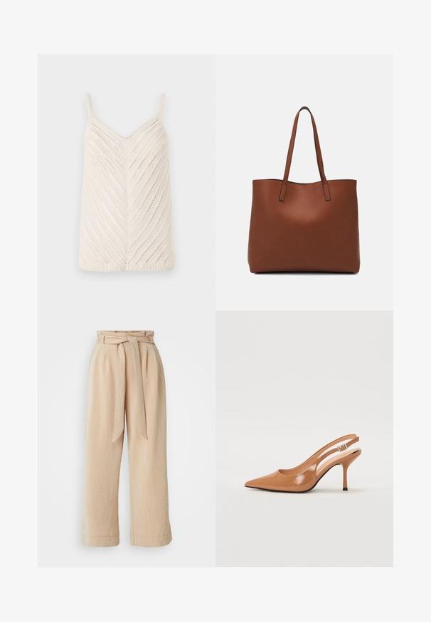 Knit tank top in off-white with a chevron pattern, featuring thin shoulder straps and a textured finish. Basic shape, no additional accents.; Beige wide-leg trousers with a belted waist, made of textured fabric. Features a front pleat and a smooth finish along the hem.; Pointed toe slingback heel in a smooth, glossy tan material. Features a curved cutout design and a slender stiletto heel. Silver buckle detail.; Brown leather tote bag with a smooth texture, open top design, and two shoulder straps. Features minimal stitching and no visible hardware.