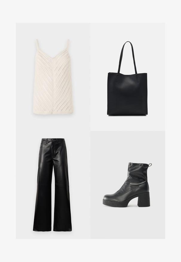 Pletený top bez rukávov v off-white farbe s chevronovým vzorom, vybavený tenkými ramennými popruhmi a textúrovaným povrchom. Základný tvar, bez ďalších akcentov.; Čierne vysokopriestené široké nohavice z umelého kože s predným gombíkom, zipsom, pútkami na opasok a bočnými vreckami na bielom pozadí.; Čierne členkové topánky z hladkej kože, so bočným zipsom, robustnou textúrovanou pätnou časťou a zaobleným dizajnom špičky.; Čierna kožená taška na rameno s hladkým povrchom, obdĺžnikovým tvarom a dvoma dlhými uchami. Bez viditeľného kovania alebo ozdôb.