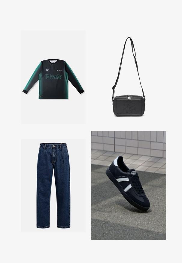 Langærmet trøje i gradient sort og teal, med rund hals, tekstureret stof og "Rivvia"-logo i lysegrøn på forsiden.; Mørkeblå denimjeans med lige ben-design. Har synlige syninger, en knaplukning og frontfoldninger for ekstra detalje.; Sort lædersneaker med hvide striber, tekstureret gummisål og snørrebånd foran. Har et brandet mærke på tungen.; Sort læder crossover taske med lynlåslukning, præget logo på fronten og justerbar rem. Glat tekstur med rektangulær form.