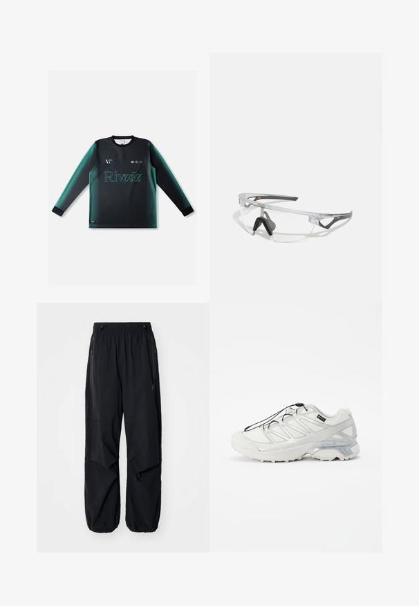 Long-sleeve jersey in gradient black and teal, featuring a round neck, textured fabric, and "Rivvia" logo in light green on the front.; Black lightweight cargo pants with an elastic waistband, side zippers, and spacious pockets. Features a loose fit and tapered cuffs.; White athletic shoe with a textured mesh upper, reflective accents, and a cushioned sole. Features elastic laces and gray detailing.; Clear safety glasses with a lightweight, transparent frame and gray accents. Features a wraparound design and adjustable nosepiece.