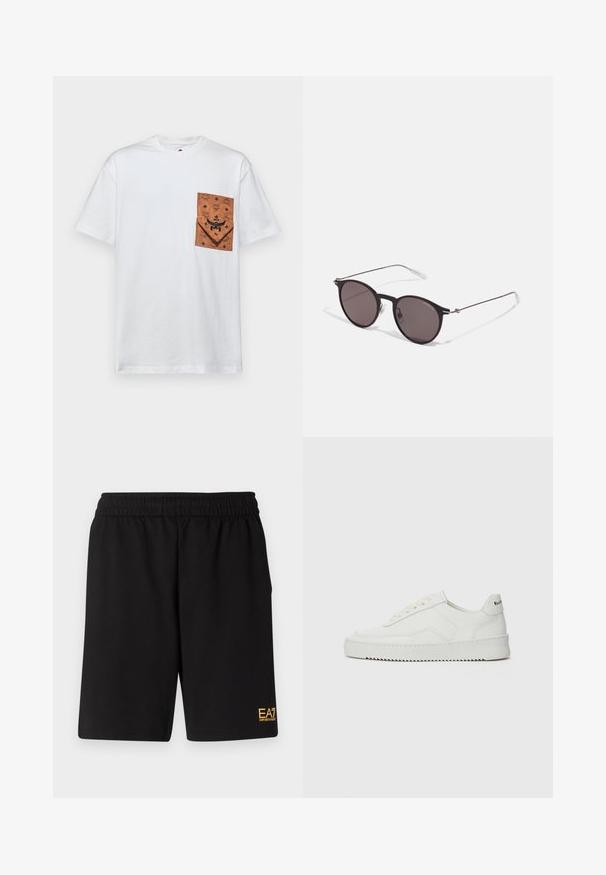 MCM Print T-shirt - white; Black athletic shorts made of soft fabric,Featuring an elastic waistband and a small yellow EA7 logo on the lower left leg.; White leather sneaker with a smooth finish, round toe, flat laces, and a textured sole. Features a subtle logo on the heel.; Black round sunglasses with dark lenses and slim metal arms. Includes clear temple tips and silver accents at the hinge. Minimalist design.