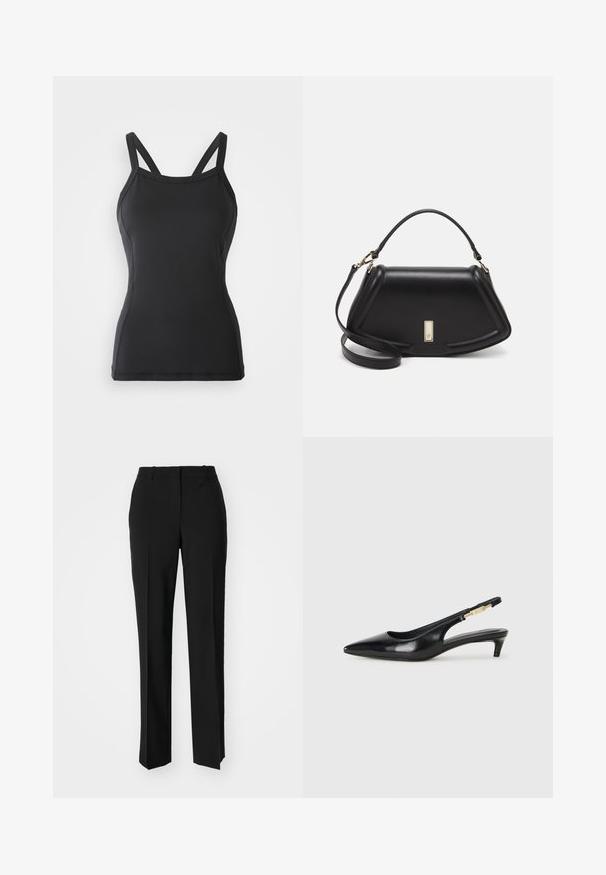 Black tank top with a fitted design, made of smooth fabric. Features thin, adjustable straps and a rounded neckline. No patterns or accents.; Black tailored trousers with a straight-leg design, featuring a smooth texture and crisp creases along the front. No visible hardware.; Black leather slingback heels with a pointed toe, featuring a slim heel and a gold-tone accent on the adjustable strap. Smooth texture.; Black leather handbag with a structured design, featuring a cropped shape, top handle, and gold hardware accent. Adjustable shoulder strap included.