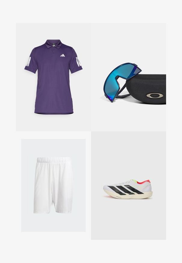 Lilla polo skjorte laget av glatt stoff, med krage med tre knapper, hvit Adidas-logo på brystet, og tre vertikale striper på ermene.; Hvite treningsshorts laget av lett stoff, med elastisk midje, glatt tekstur og knelengde.; Hvite joggesko med svarte striper, neongrønne detaljer og rød hæl. Har et lett design og teksturert såle for grep.; Blåtonede, omsluttende solbriller med sporty design, som hviler på et teksturert svart etui med en metallisk logoaksent.
