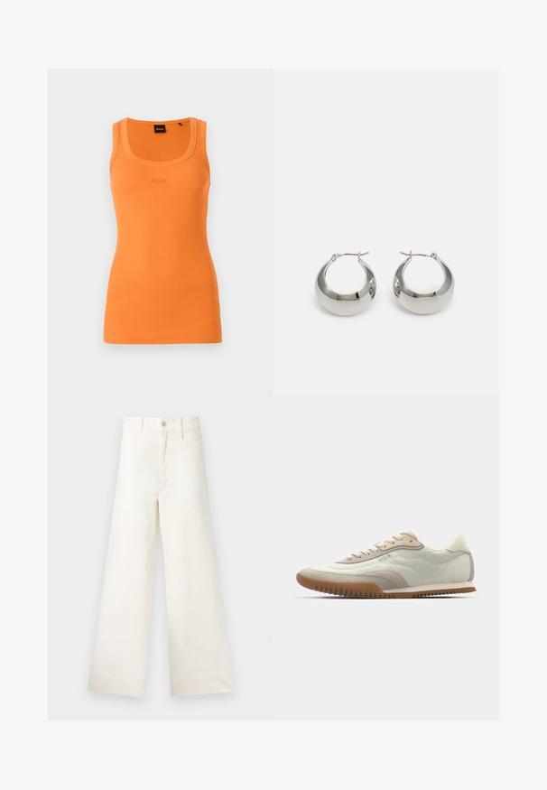 Orange ribbed tank top with a rounded neckline and BOSS logo stitched in the center. Fitted silhouette, lightweight fabric, and sleeveless design.; Wide-leg trousers in light beige cotton. Features a high waist, front pockets, and a straight cut. Clean hem finishing without patterns.; White and beige sneaker featuring a smooth upper with suede accents, a textured sole, and tonal stitching. Lace-up closure with logo detail.; Silver metal hoop earrings with a smooth, shiny surface and a structured, rounded design. Features a hinged clasp for secure wear.