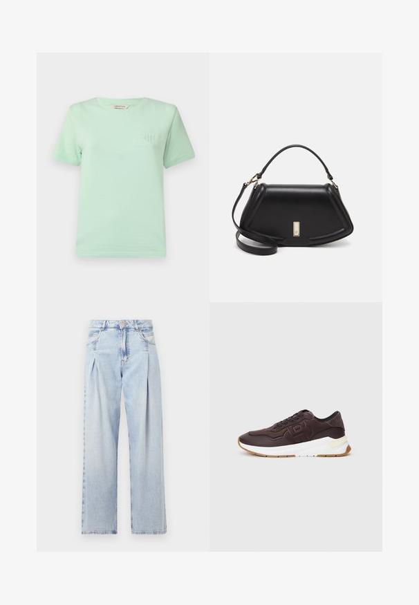 Tricou mint verde cu mânecă scurtă, fabricat din bumbac. Prezintă un guler rotund și un logo brodat subtil pe piept. Textură netedă.; Jeans din denim albastru deschis cu talie înaltă, croială evazată, două buzunare laterale și un design pliat. Textură moale cu un finisaj decolorat.; Sneaker maro închis cu căptușeală neagră, logo embosat pe lateral, talpă groasă albă și talpă de culoare gumă, pe un fundal simplu.; Geantă de umăr din piele neagră, cu un design structurat, având o formă tăiată, mânere superioare și accente din aur. Include o curea de umăr ajustabilă.