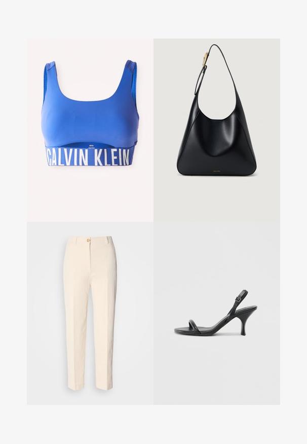 Sutiã desportivo azul com alças largas e uma grande faixa branca com o logótipo "Calvin Klein" na parte inferior, exibido contra um fundo branco.; Calças de cintura alta em tom creme, feitas de um tecido texturizado. Apresenta um fecho frontal com botão e pernas afuniladas.; Sandálias de salto alto em couro preto com um salto curvado e fino e um design de tiras cruzadas. Correia ajustável no tornozelo. Textura suave.; Bolsa de ombro em couro preto com uma textura suave, silhueta curvada e um detalhe em metal dourado. Apresenta logótipo da marca em relevo na base.
