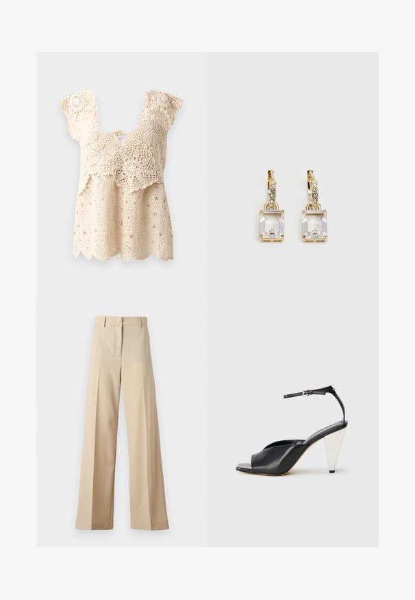 Béžový háčkovaný top s vlnitým lemom, kvetinovými vzormi a krátkymi, volánovými rukávmi. Obsahuje zložitú čipkovú výzdobu po celom materiáli.; Béžové široké nohavice vyrobené z hladkej tkaniny, s plochým predným dielom s skladmi, zipsom a pútkami na opasok. Celkový strih je upravený.; Čierne kožené sandále na vysokých podpätkoch s otvorenou špičkou, asymetrickým dizajnom, remienkom okolo členka a kovovým kužeľovitým podpätkom. Hladká textura po celom povrchu.; Náušnice v zlatej farbe, ktoré majú obdĺžnikový, transparentný kryštál visiaci pod radom malých, guľatých, čírych akcentov. Elegantný, moderný dizajn.