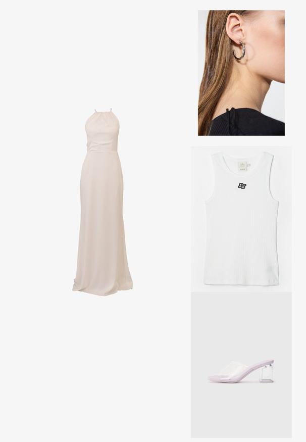 White ribbed tank top made of cotton, featuring a round neckline and a black embroidered logo on the upper left. Simple design, sleeveless.; Long, halter-neck dress in soft, cream fabric. Smooth texture, fitted bodice, and flowing skirt with a slight train. Minimalist design.; Lilac heeled mules with a clear plastic upper and a transparent block heel. Smooth texture, open toe design, minimalistic shape.; Beaded handbag featuring vibrant colors: pink, orange, blue, and brown. Textured surface with circular beads and organic shapes, sturdy handles.; Silver hoop earring with a polished finish, featuring small gold accent details and a round shape, worn on the lobe.