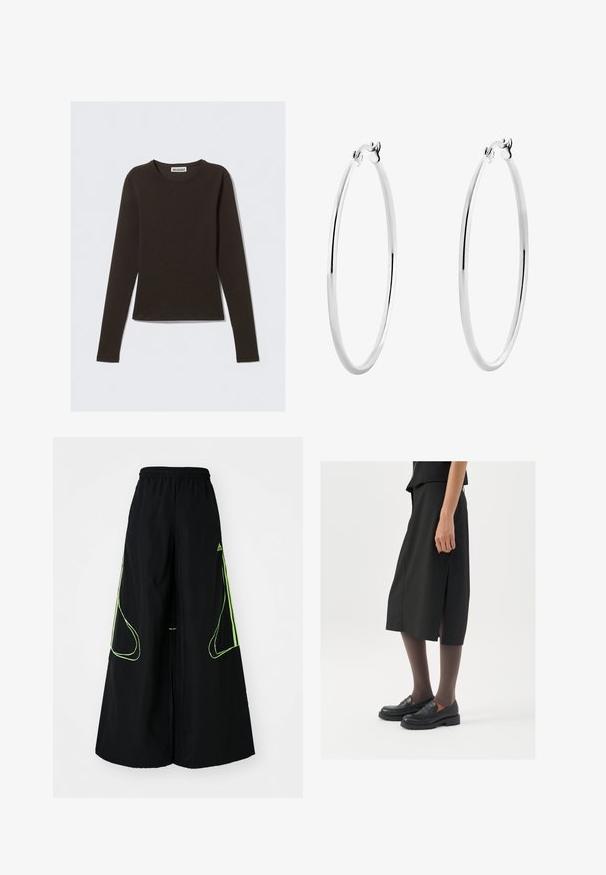 Langermet topp i mørkebrunt, laget av myk, elastisk stoff. Har rund hals og slim fit. Lappen sier "WEEKDAY."; adidas Originals TEAMGEIST - Joggebukse - black/signal green; Svart knelengde skjørt med sidespalte, parret med svarte loafers og gjennomsiktige brune strømpebukser, med en glatt stoffkvalitet og enkel design.; Sølv ringøredobber med en glatt, polert overflate og en tynn, sirkulær form. Designet har en sikker clasp.