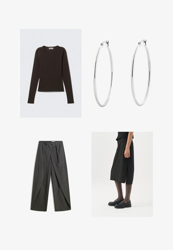 Langärmliges Oberteil in Dunkelbraun, aus weichem, dehnbarem Material gefertigt. Hat einen Rundhalsausschnitt und eine schmale Passform. Das Etikett trägt die Aufschrift "WEEKDAY."; Graue Nadelstreifenhose mit lockerer Passform, einreihigem Knopfverschluss, Falten und weitem Bein. ; Schwarzer knielanger Rock mit seitlichem Schlitz, kombiniert mit schwarzen Loafers und transparenten braunen Strumpfhosen, aus glattem Stoff und mit einem schlichten Design.; Silberne Creolen mit einer glatten, polierten Oberfläche und einer dünnen, runden Form. Das Design verfügt über einen sicheren Verschluss.