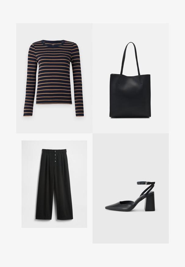 Svetilka z dolgimi rokavi v temno modri barvi s svetlo rjavimi vodoravnimi črtami in okroglo ovratnikom, prikazana na beli podlagi.; Široke črne hlače iz teksturirane tkanine. Imajo visok pas, sprednje zapiranje na pet gumbov in pregibne plošče za dodatne detajle.; Črne usnjene klasične čevlje z ostrim nosom, z zaponko za gleženj in debelim peto. Ravna tekstura, eleganten dizajn in minimalistična estetika.; Črna usnjena torba s svilnato teksturo, pravokotne oblike in dvema dolgima ročajema. Brez vidnih metalnih delov ali okrasnih elementov.