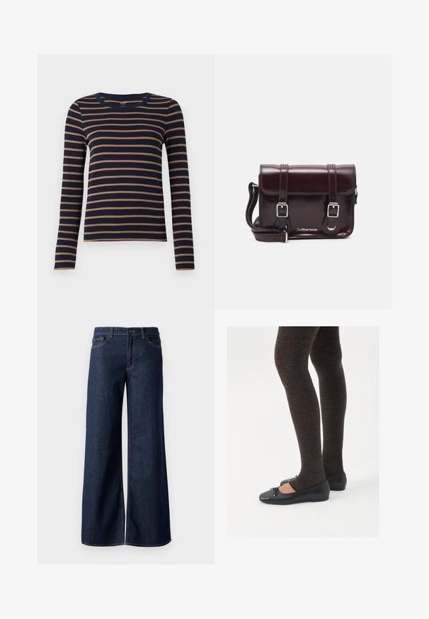 Mørkeblå skjorte med lang arm og brune horisontale striper og rund hals, vist mot en hvit bakgrunn.; Vide benbukser i mørkeblå denim. Har kontrastsøm, fem lommer og en knaplukning i taljen. Glat tekstur.; Sorte flate sko med en liten sløyfedetalj på tåen, kombinert med mørkebrune ribbede strømpebukser. Skoene har en glatt overflate og lav profil.; Burgunderfarget patentlær crossover-veske med rektangulær form, to stropper, sølvfarget hardware og klaffelukking.
