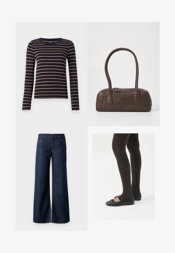 Cămașă cu mâneci lungi, de culoare albastru marin, cu dungi orizontale maro și guler rotund, expusă pe un fundal alb.; Jeanși cu picioare largi din denim albastru închis. Prezintă cusături contrastante, cinci buzunare și o închidere cu nasture la talie. Textură netedă.; Pantofi negri cu un detaliu mic de fundiță la vârf, asortați cu colanți maro închis, cu textură ondulată. Pantofii au o textură netedă și un profil joase.; Geantă de mână din piele maro, cu două mânere rezistente, formă rectangulară, textură netedă și închidere cu fermoar. Design minimalist, fără modele vizibile.