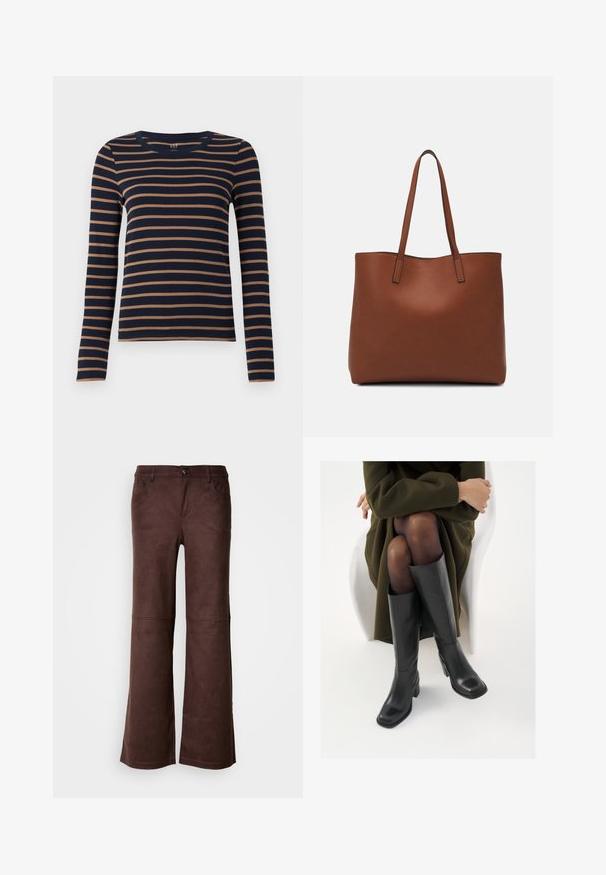 Cămașă cu mâneci lungi, de culoare albastru marin, cu dungi orizontale maro și guler rotund, expusă pe un fundal alb.; Pantaloni maro evazați dintr-un material moale, asemănător cu suedeul. Prezintă patru buzunare, o închidere cu nasture și o suprafață netedă, texturată.; Cizme din piele neagră, până la genunchi, cu vârf pătrat și toc bloc, prezentate pe un model așezat într-o haină verde măsline. Textură netedă, detalii minime.; Geantă de umăr din piele maro cu o textură netedă, design cu vârf deschis și două curele pentru umăr. Prezintă cusături minime și fără componente metalice vizibile.
