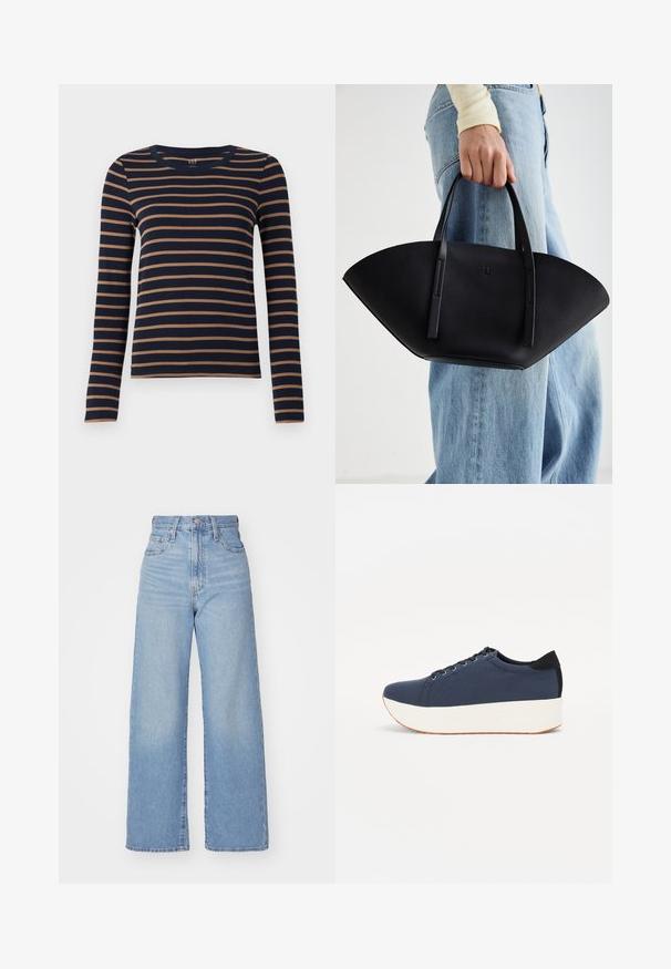 Tamsiai mėlynas ilgomis rankovėmis marškinis su rudomis horizontaliomis juostomis ir apvaliu kaklu, rodomas prieš baltą foną.; Šviesiai mėlynos aukšto liemens plačios kojos džinsai su priekiniais užtrauktukais ir sagom, priekinėmis ir galinėmis kišenėmis, ant baltos fono.; Tamsiai mėlynas sportinis batelis su tekstūruotu audiniu viršuje, baltu platformos padu, apvaliu pirštu ir juodu kulno akcentu.š. Yra šešios skylės raišteliams.; Juodas odinis rankinis uždangalas unikaliu ventiliatoriaus formos dizainu, turintis plokščias rankenas. Paviršius turi akmeninė tekstūrą ir minimalistišką dizainą.