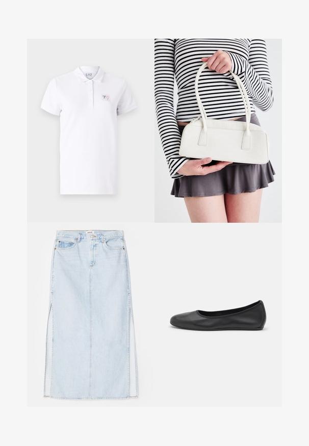 Balta polo marškinėliai, pagaminti iš medvilnės, su dviem mygtukais. Yra mažas spaudos logotipo pleistras kairiajame krūtinės šone ir trumpomis rankovėmis.; Šviesiai mėlynas džinsinis maksi sijonas su tiesiu kirpimu, su šoninėmis išpjovomis ir penkių kišenių dizainu. Išryškintas siuvinėjimas ir metalinė sagtis.; Juodai odiniai baletai su apvaliu pirštu, lygi texture, minimalus siuvimo detales ir lanksčiu padų dizainu.; Baltas krokodilų odos raštas turintis rankinukas su dviem rankenomis, stačiakampio formos ir užtrauktuku. Rodomas ant šviesaus fono.