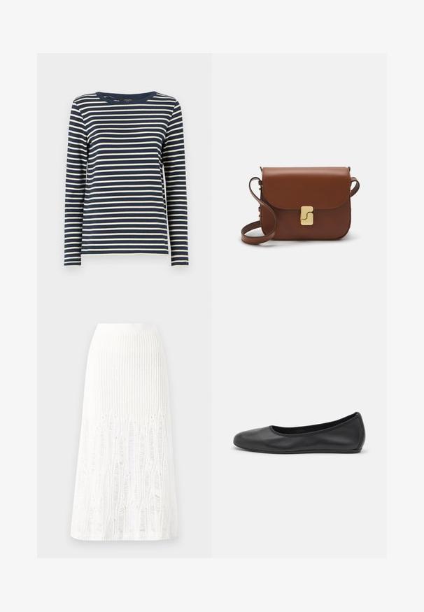 WEEKEND MaxMara ERASMO - Longsleeve - blu marino; Gehaakte witte midi rok met een textuurpatroon met verticale lijnen en uitsparingen nabij de zoom. Elastische tailleband. Zacht materiaal.; Zwarte leren ballerina met een ronde neus, gladde textuur, minimale stikdetails en een flexibele zoolontwerp.; Bruine leren handtas met een klep sluiting, gouden hardware, een schouderband en een gladde textuur. Compact rechthoekige vorm.